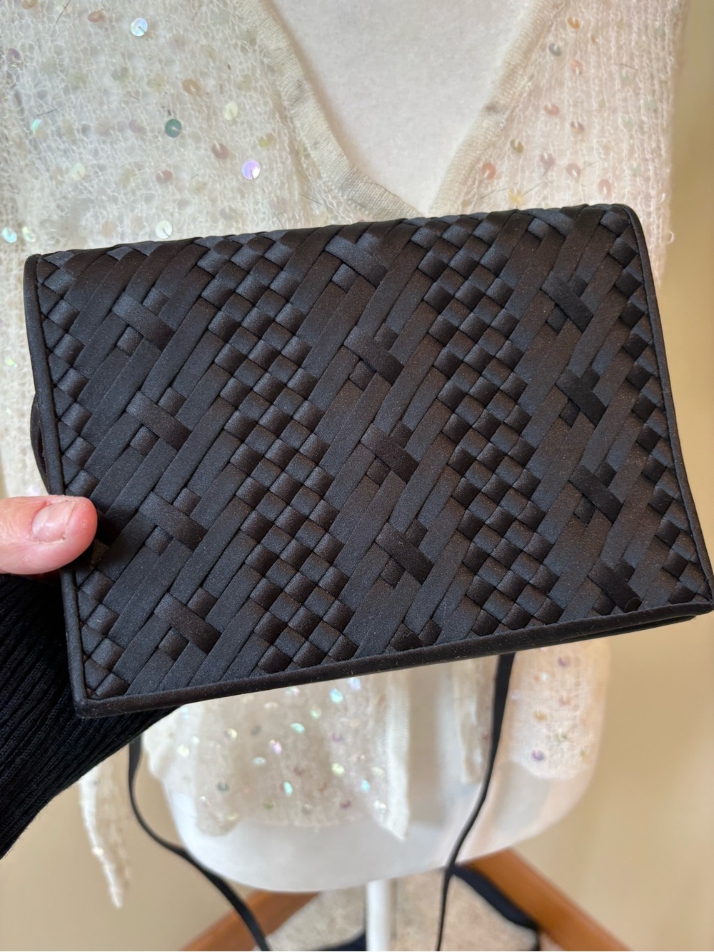 Vintage Franchi Black Woven Purse Evening Summer Nights Cord Strap Snap Flap